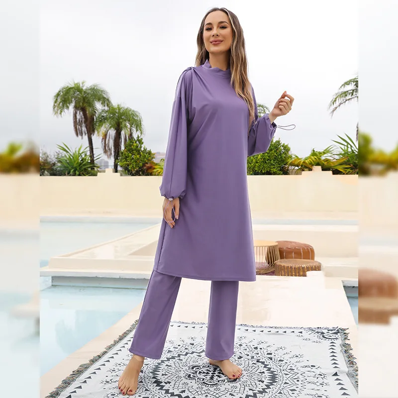 Bañador musulmán de estilo largo para mujer, traje de baño con protección solar, 3 piezas, Color morado, completamente cerrado, para buceo y surf