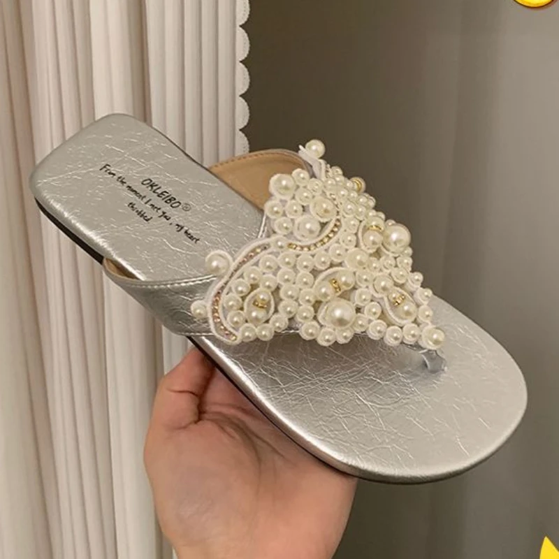 2024 New Summer Sweet Wind Beaded Design Double-toe Holiday Flip-flops Women's Shoes Elegant Fashion Casual Flat Sandals