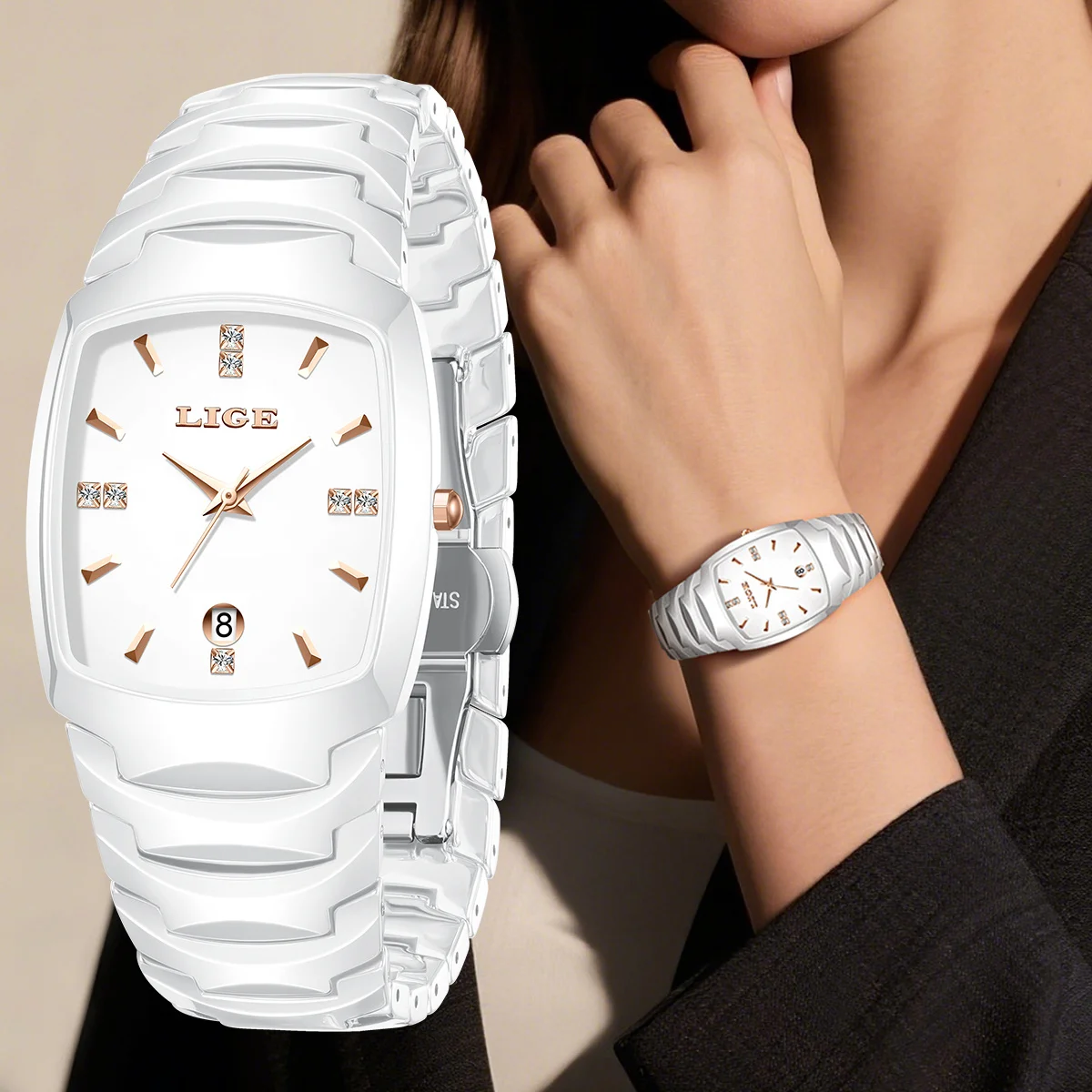 LIGE Orologio da donna d'affari cinturino in ceramica di lusso orologi da donna impermeabili moda creativa quadrante con diamanti orologi da polso al quarzo regalo