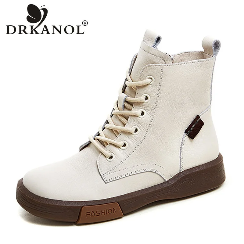 

DRKANOL Fashion Women Flat Ankle Boots Autumn Winter Round Toe Genuine Cow Leather Soft Sole Comfort Casual Warm Short Boots