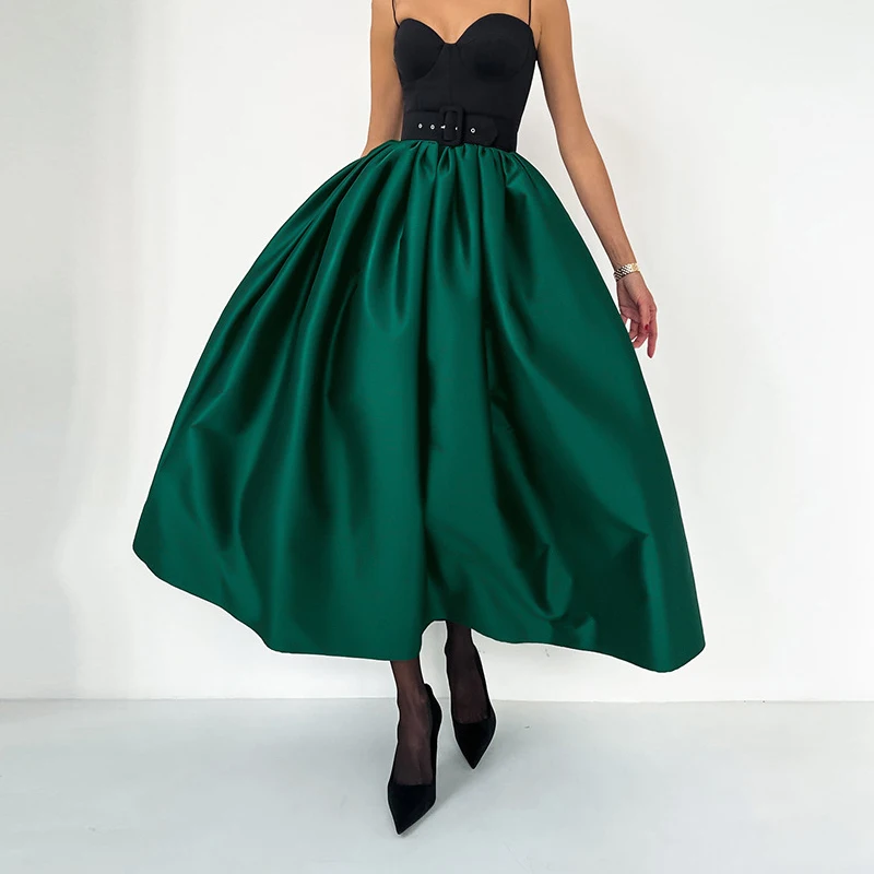 

Летняя элегантная плиссированная длинная юбка с пышными рукавами для женщин, повседневная, простая, для офиса, модная, с высокой талией, однотонная, атласная, А-силуэт