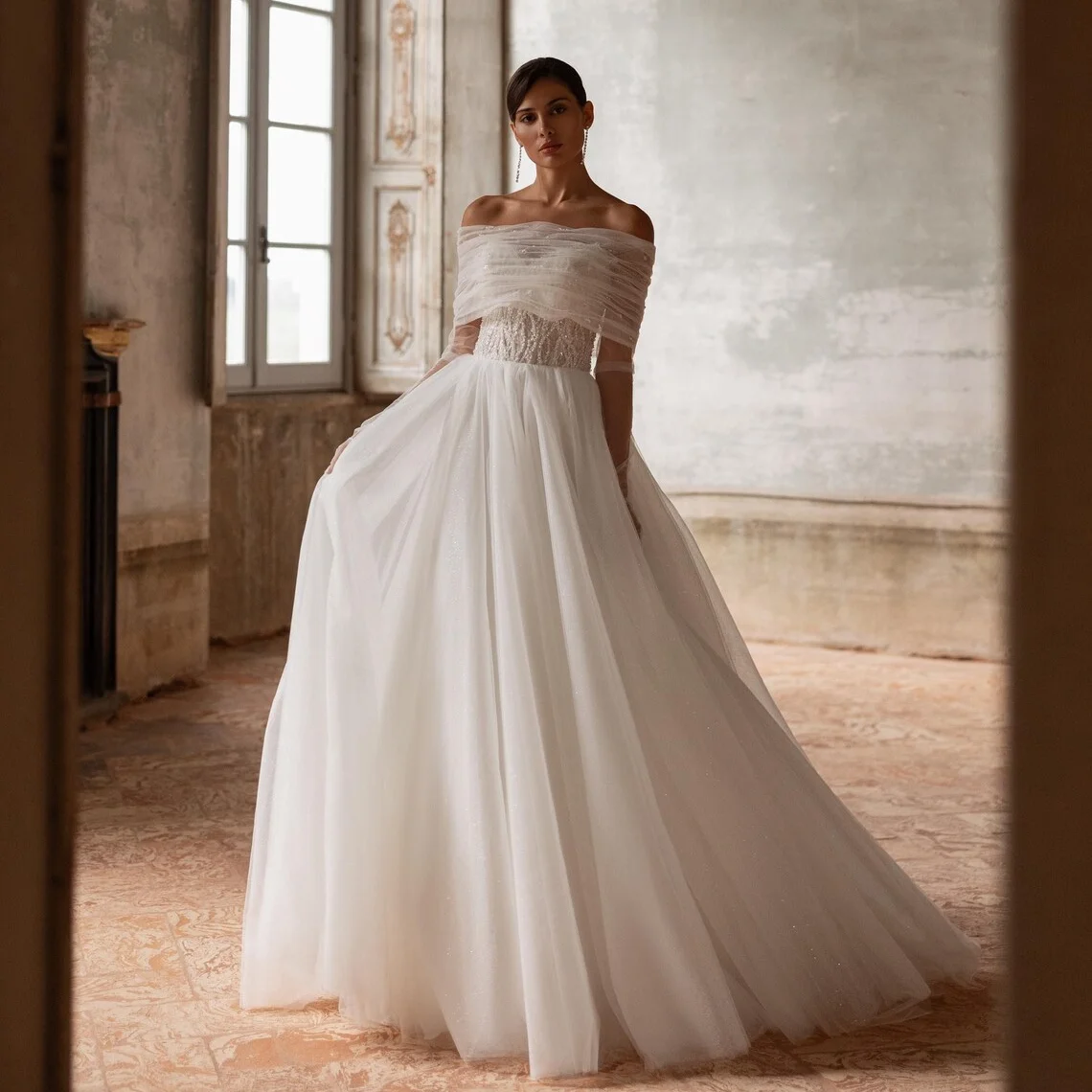 

2026 Elegant Off Shoulder Bridal Ball Dress Princess sequins Lace Tight corset Long Sleeve Bridal Dress Customization