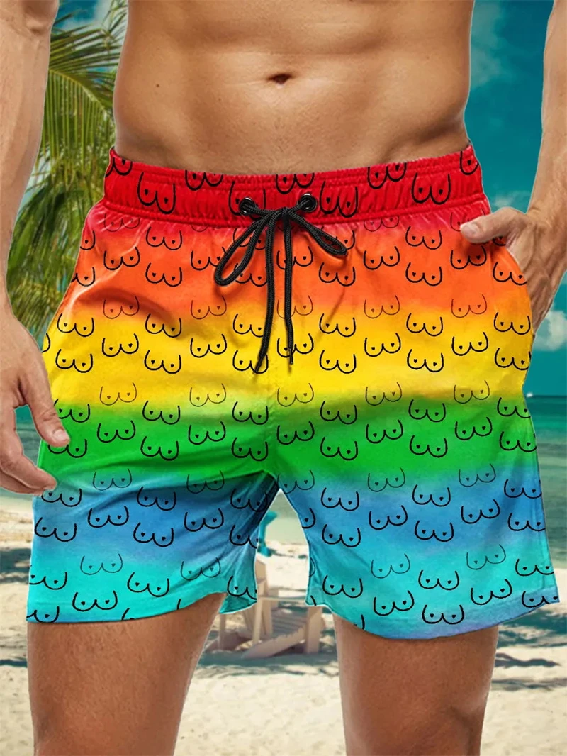 Rainbow Colored Pattern 3D Printed Mens Swimming Trunks Quick Dry Beach Board Shorts Swimwear Suits Summer Vacation Shorts New