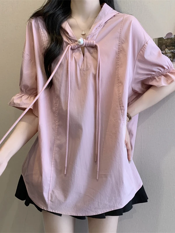 Faionable Large Size Button up Hoodie ort Sve irt New Chinese Sle 2024 Summer New Arrival Women's Casual irt