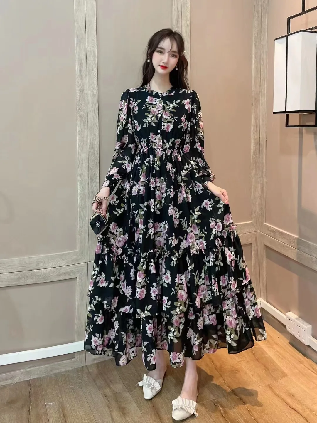 vintage tied stand collar long sleeve pleated black chiffon dress Cream and Black Polka Dot Pleated Sleeved Mini Dress