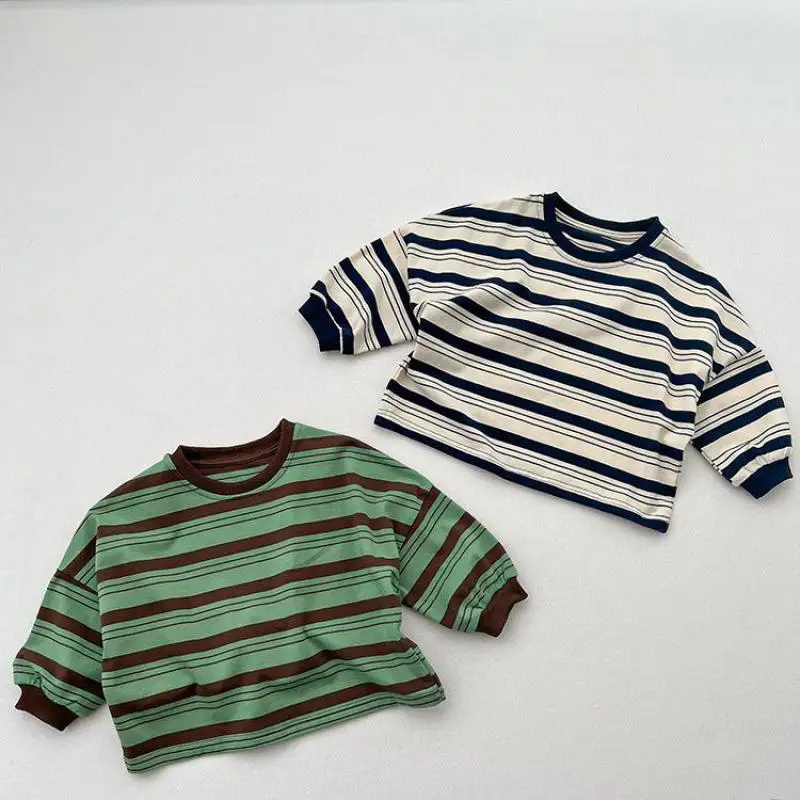 

2025 Autumn New Children Long Sleeve T Shirts Cotton Boys Casual Tee Kids Girls Vintage Striped Tops Baby Bottoming Shirts