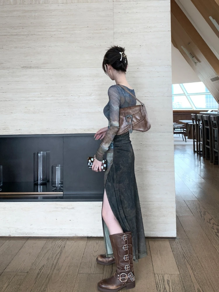 2025, neues Herbstkleid mit Premium-Print, künstlerisches Aquarell-Neckholder-Maxi-Kleid mit Schlitz, modisches Herrenhaus-Vintage-Kleid mit durchsichtigem zweiteiligem Set