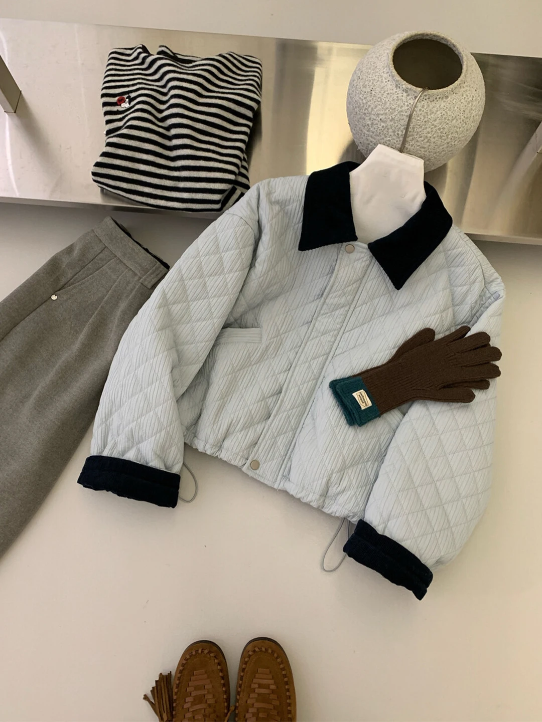 

Retro Korean Sle Color Blo Collar Diamond Pattern Cotton Jaet Women's Autumn Winter Casual Versatile Cotton Coat