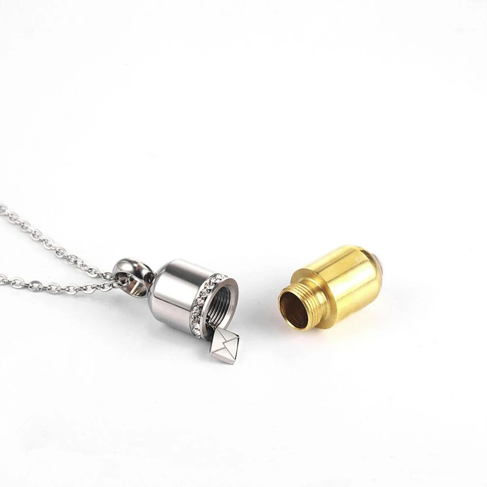 Stainless Steel Cremation Zircon Stone Pill Capsule Necklace Perfume Bottle Pendant Pet Ashes Keepsake Waterproof Gift