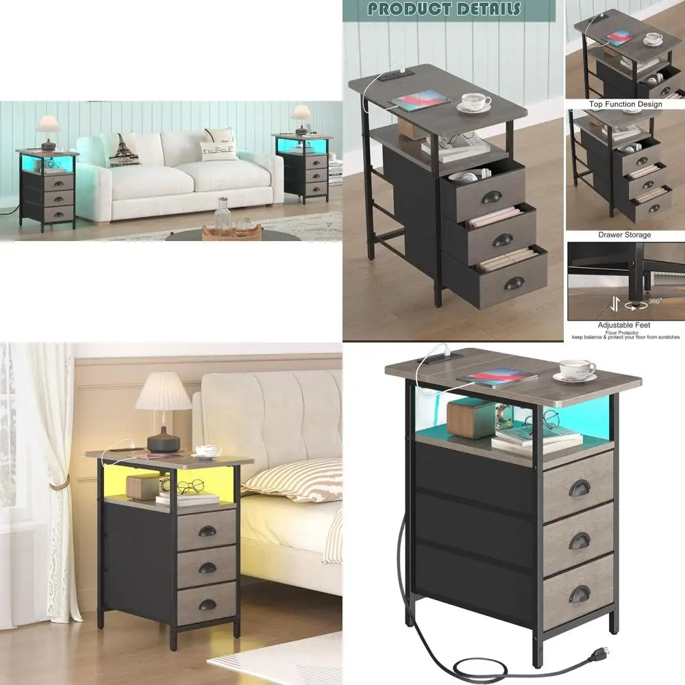 

Прикроватная тумбочка с USB-зарядкой и LED-подсветкой, узкая тумба с 3 ящиками для небольших помещений, тонкая серая тумбочка для дивана