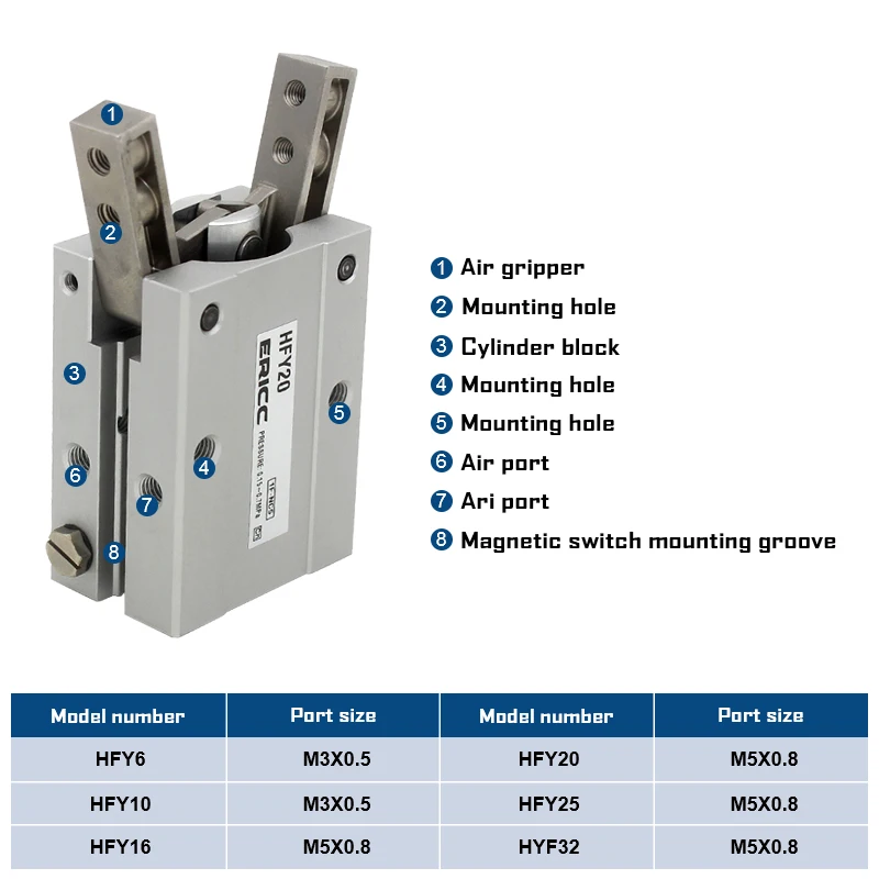 HFY Series Air Gripper Pneumatic Cylinder HFY6 HFY10 HFY16 HFY20 HFY25 HFY32 Y Type 180 Degree Angular Style Gripper HFTY16