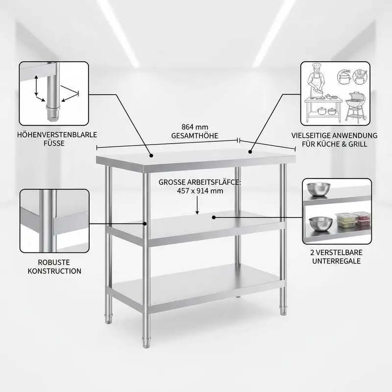 Metal Workstation 18 X 36 X 34 Inch for Commercial Kitchen BBQ Garage, 2 Adjustable Undershelves Heavy Duty Preparation Surface Garage Organization Warehouse Equipment Utility Table view 3
