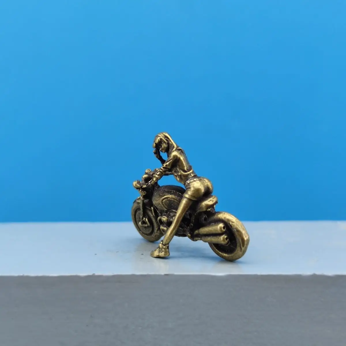 Brass Motorcycle Girl Figurine - Miniature Model for Diorama DIY Painting Scene Decor