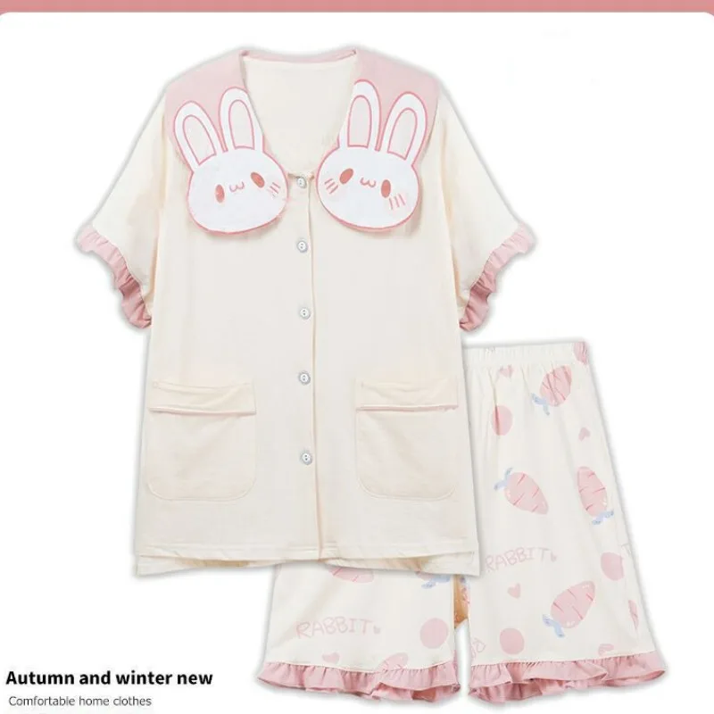 Japanese Summer Women\'s 2024 Sweet and Cute Lolita Style Bunny Girl Patchwork Button Loose Short Sleeved Homewear Pajama Sets