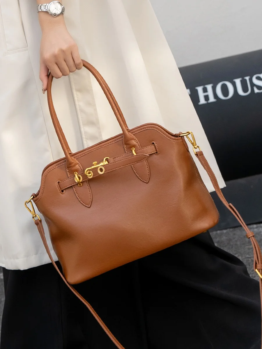 

Top Layer Vegetable Tanned Cowhide Tote Bag Retro Crossbody Commuter Briease Large Capaci Women's Handbag Soft Square ape