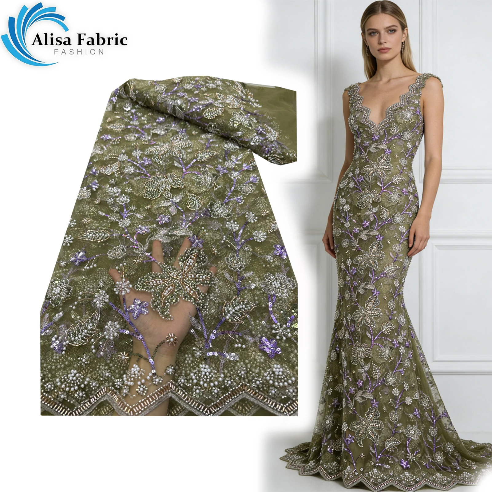 

Высококачественная ткань из французского тюля с бисерной отделкой, 5 ярдов, для пошива платьев, ткань для вечерних нарядов.