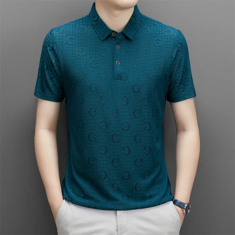 Polo informal de negocios para hombre, Camiseta holgada y cómoda con estampado impecable, manga corta, Verano