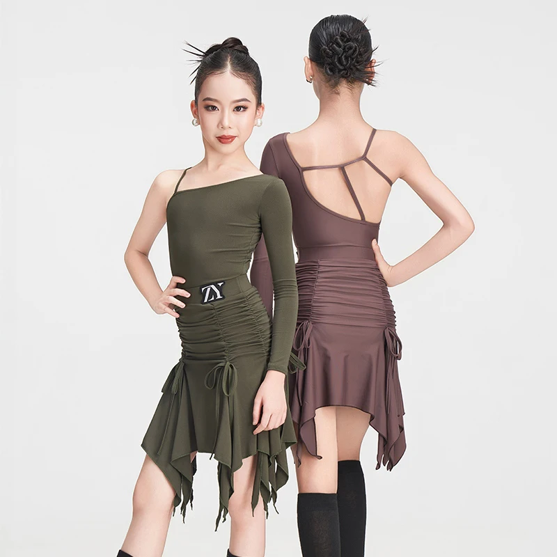 Crianças onw manga latina topo babados saia meninas competição de dança latina traje crianças rumba vestidos de dança de salão sl14001