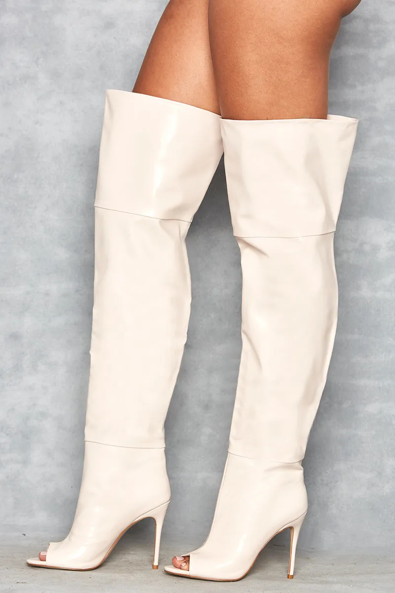 PU Leather Peep Toe Metal Lock Over-The-Knee Summer Women Sandals Boots Stiletto High Heels Lace Up Design Large Size Shoes