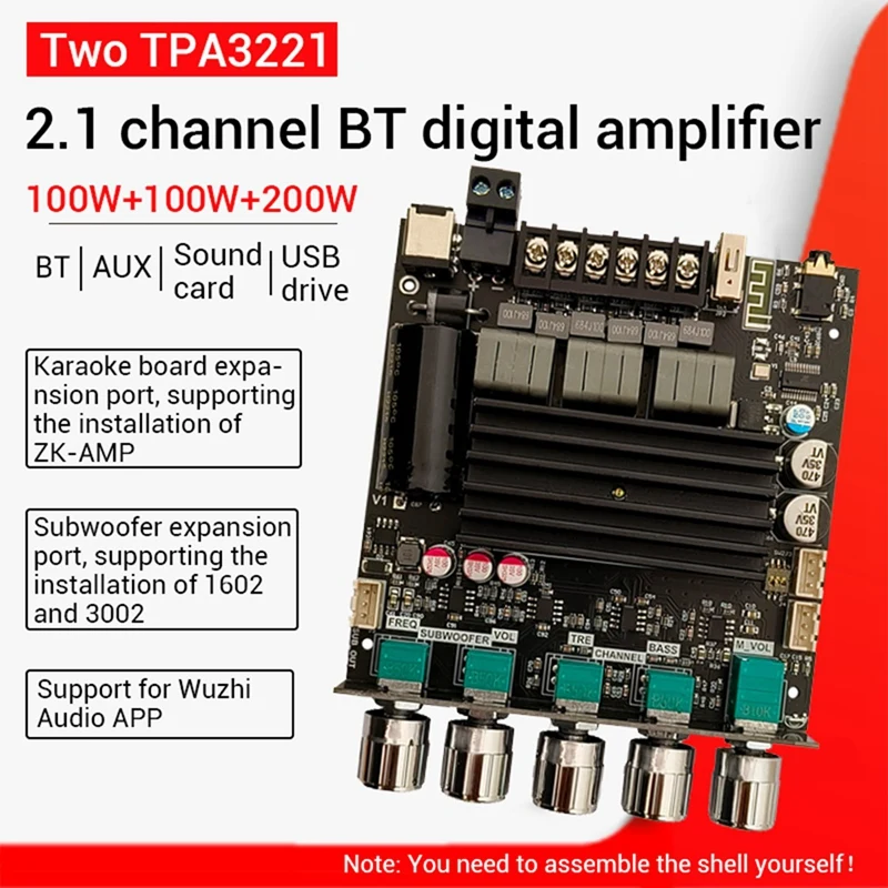 ZK-ST21 Placa Amplificadora Digital, 2.1 Canais, 2X100W + 200W, Subwoofer, TPA3221, Bluetooth, Módulo com Antena 2.4G, 1 Conjunto