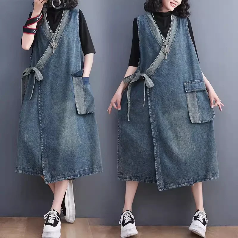 Retro Sloping Collar Tied Denim Vest Women Long Over the Knee Summer Outfit Distressed Color Blocked Sleeveless Vest Vest Jacket