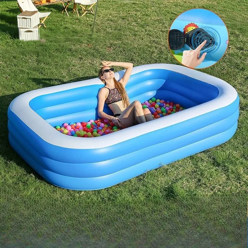 Niebiesko-biała dmuchana basen dla dorosłych – duży basen PVC dla rodziny do ogrodu, na patio i do zabawy w wodzie na lato