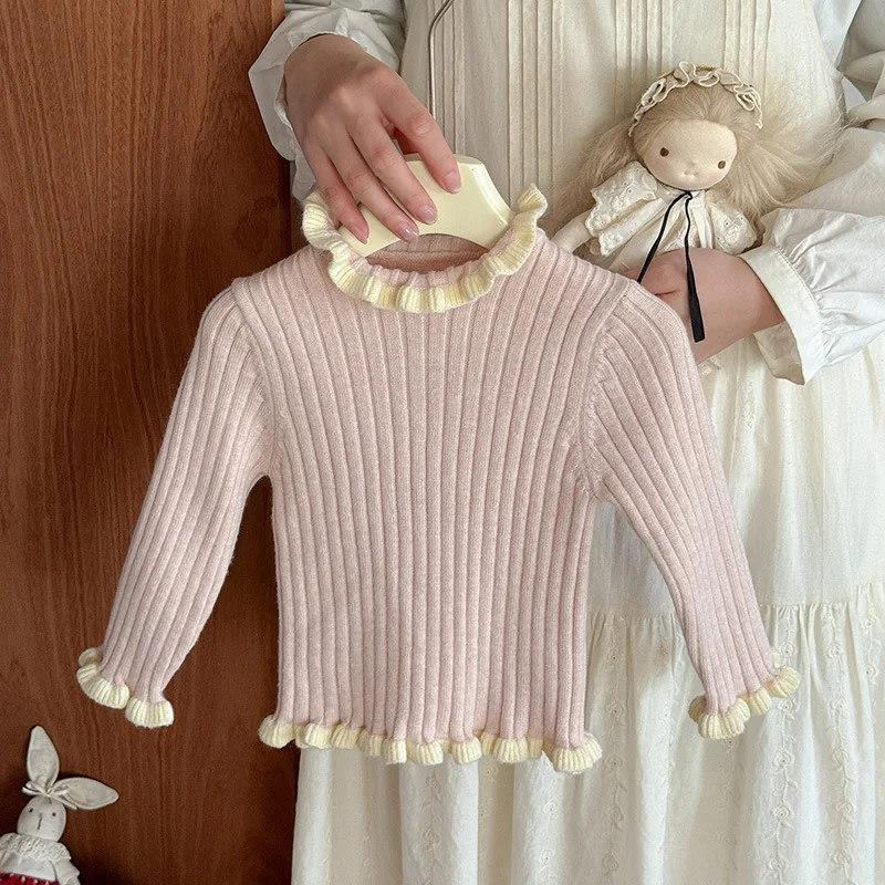 الفتيات سترة طويلة الأكمام الخريف الشتاء جديد نصف الياقة المدورة الدانتيل قاعدة ملابس داخلية البلوز Kawaii ملابس الأطفال
