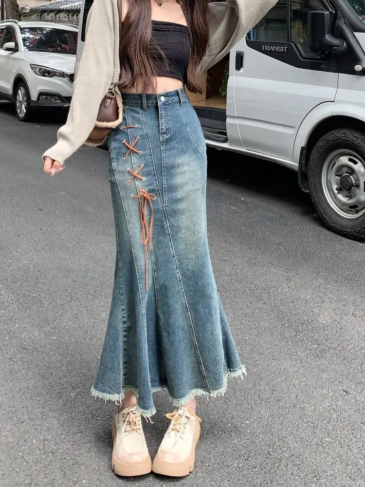 

Woman Denim Skirt With Strings High Waist Fringe Long Jeans Skirts For Women Gyaru Streetwear Aesthetic A Line New In Modest
