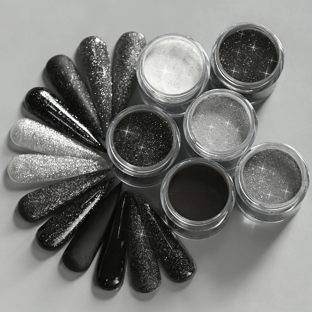 6 زجاجة غمس مسحوق الاكريليك مسحوق تراجع مسحوق الأظافر مجموعة أسود + أبيض بريق بوليمر لتمديد الأظافر غمس الحنين الصباغ