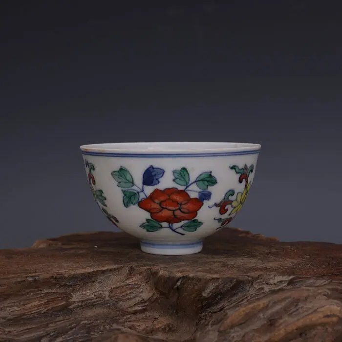 Chinese Ming Chenghua Blue and White Doucai Porcelain Peony Teacup Cup 3.15 inch