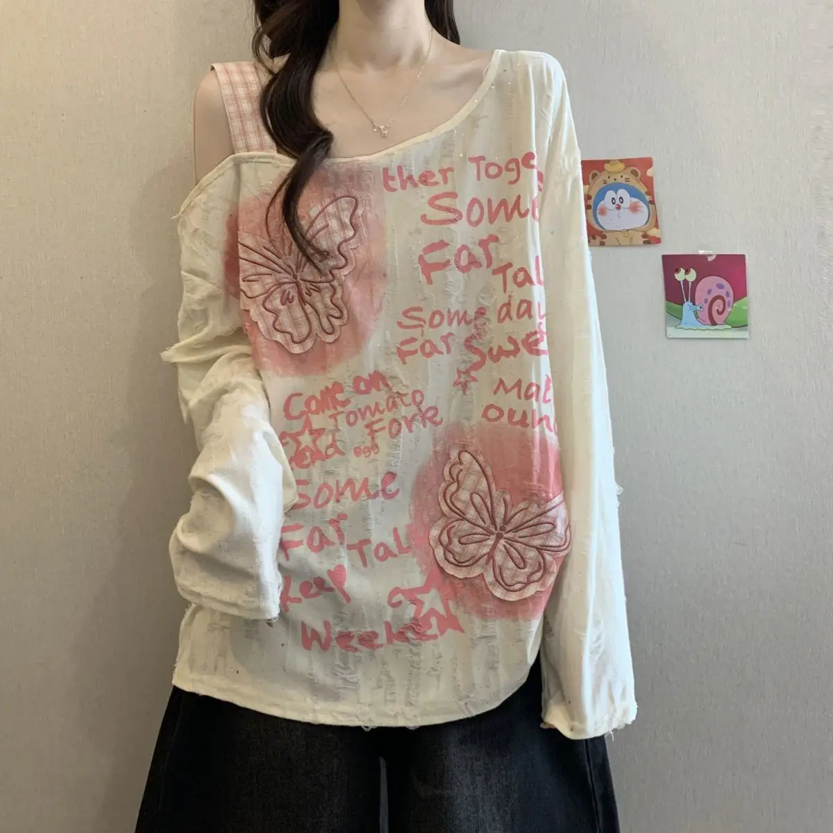 Large Size American Butterfly Slanted Shoulder Long Sleeved T-Shirt for Women, Autumn New Style, Loose Drawstring Top for Women