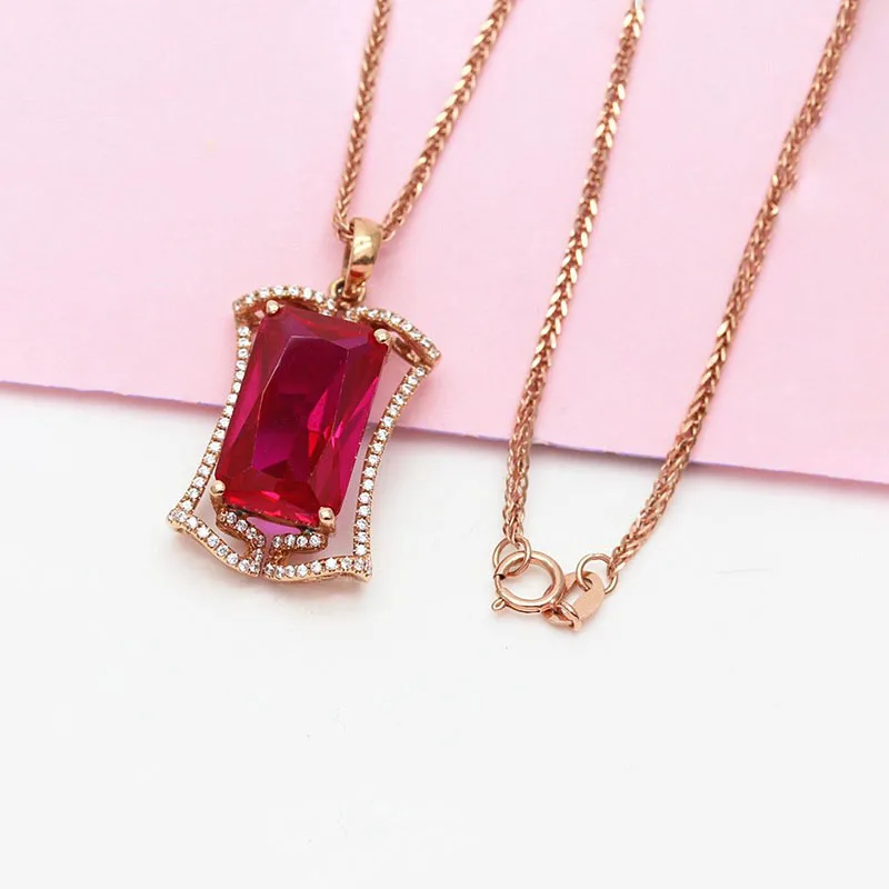 

Fashion Light luxury 585 purple gold inlaid rectangular ruby necklaces classic plated 14k rose gold pendant wedding jewelry