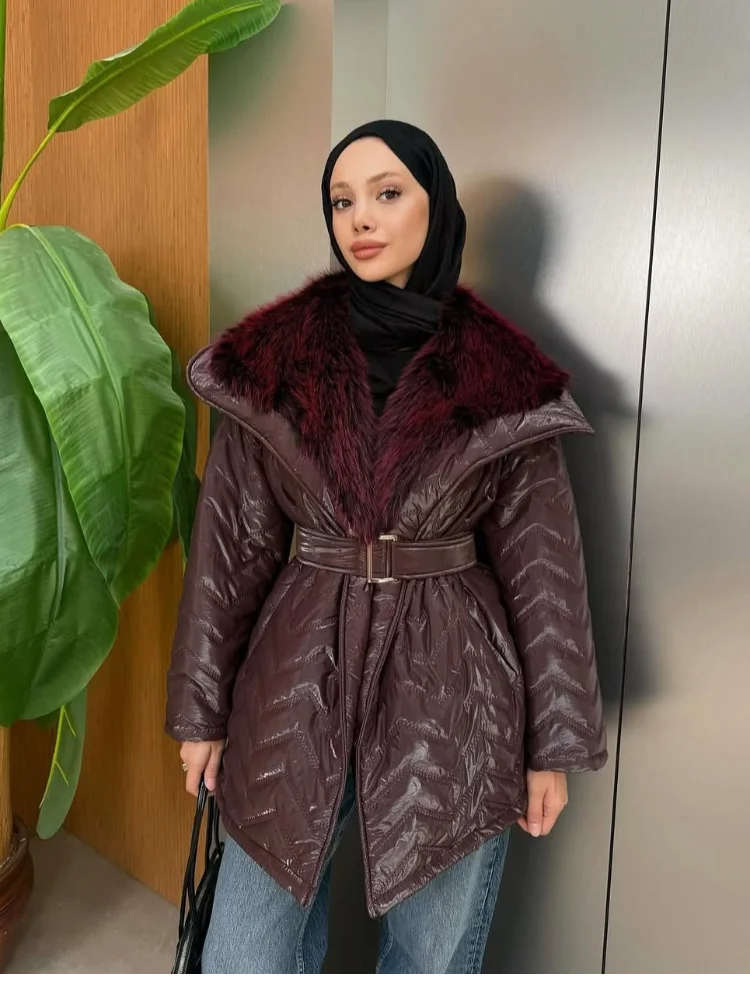 

Women Fur Patchwork Short Cotton Coat Casual Lapel Full Sleeve Pocket Loose Shiny Coats Lady Winter Commute Office Outerwears