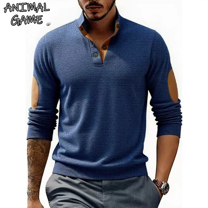 Animal Game Herren-Sweatshirt, langärmelig, lässig, Outdoor-Knopfpullover für Herren, Sport, Streetwear, Wandern, leichte Oberteile mit V-Ausschnitt
