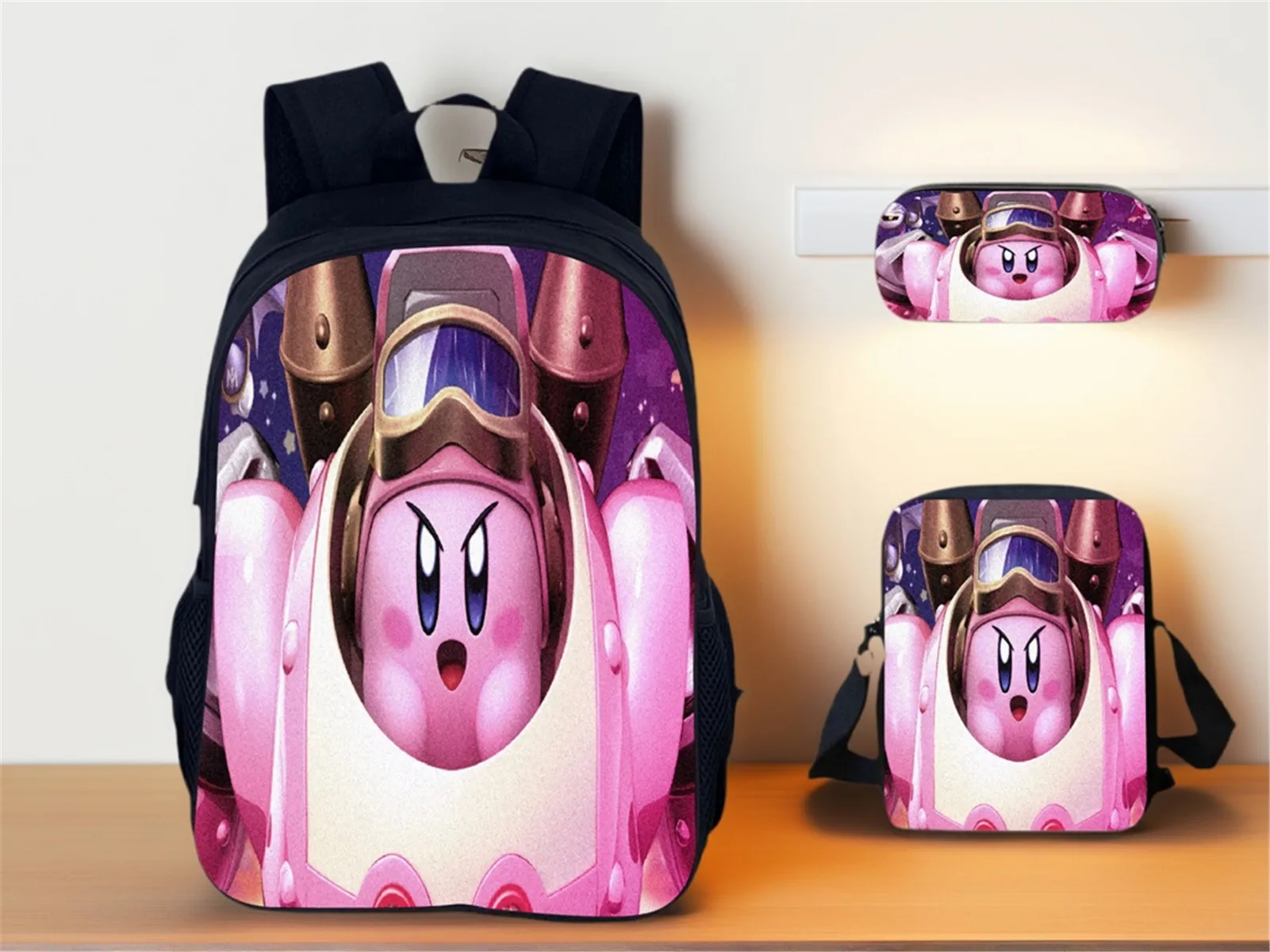 

Student Lightweight Bookbag Casual Daypack and Side Bag Pencil Case 3Pcs Set-Kirby Elementary School Backpack