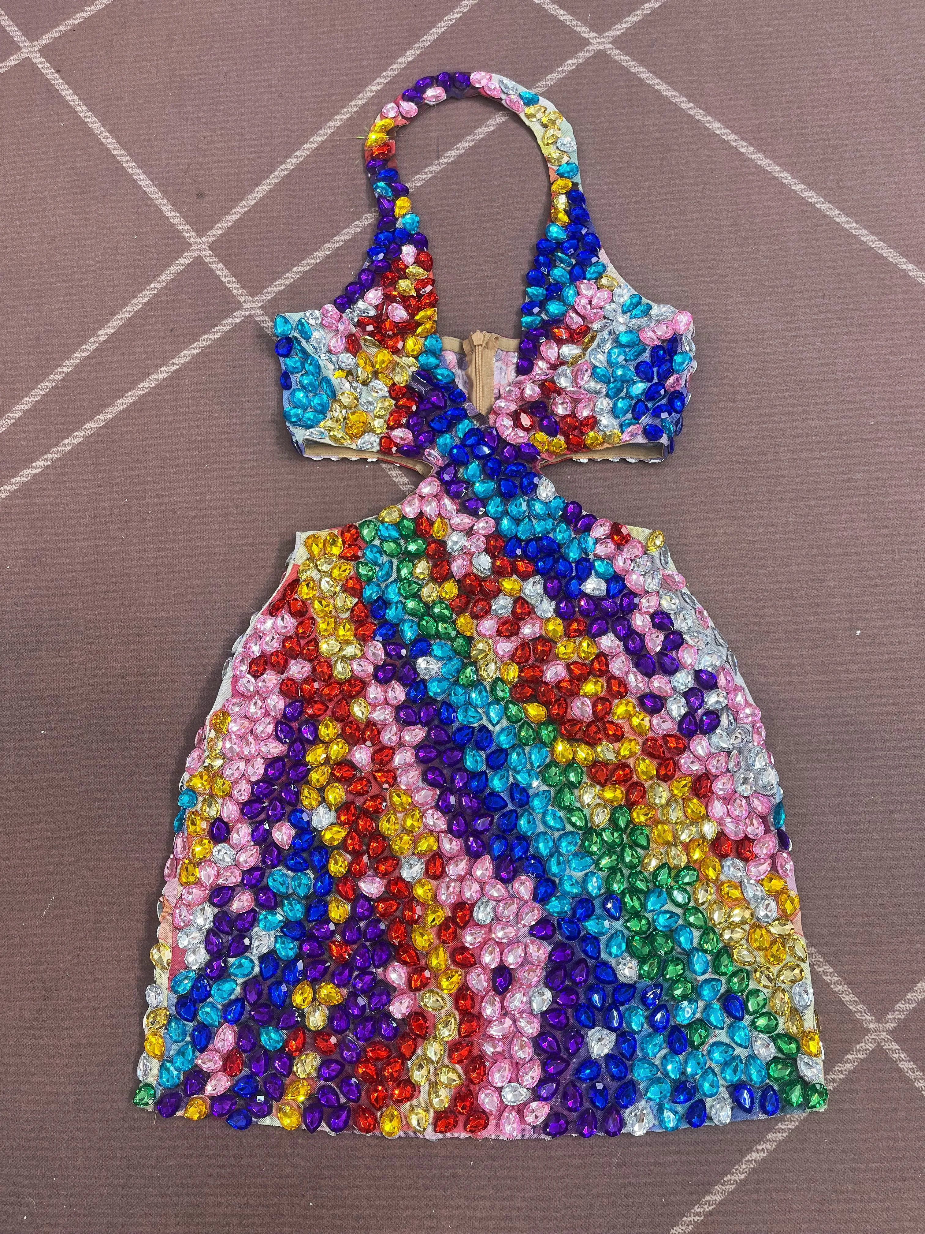 Women Evening Party Exquisite Gown Red Carpet Show Stage Outfit Fashion Sparkly Colorful Rhinestones Halterneck Sexy Mesh Dress