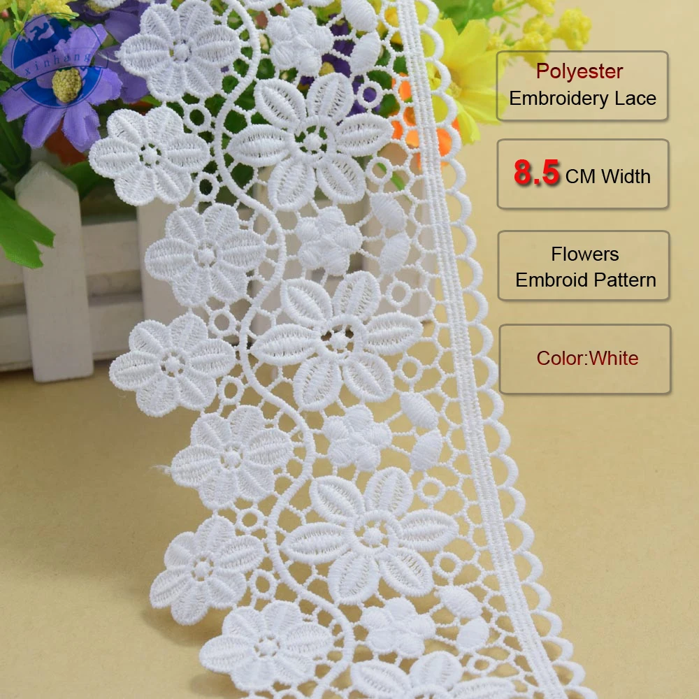 8.5cm White Polyester Embroidery Sewing Lace Fabric Ribbon Trim Womens dresses DIY Garment wedding party dress Accessories#3697