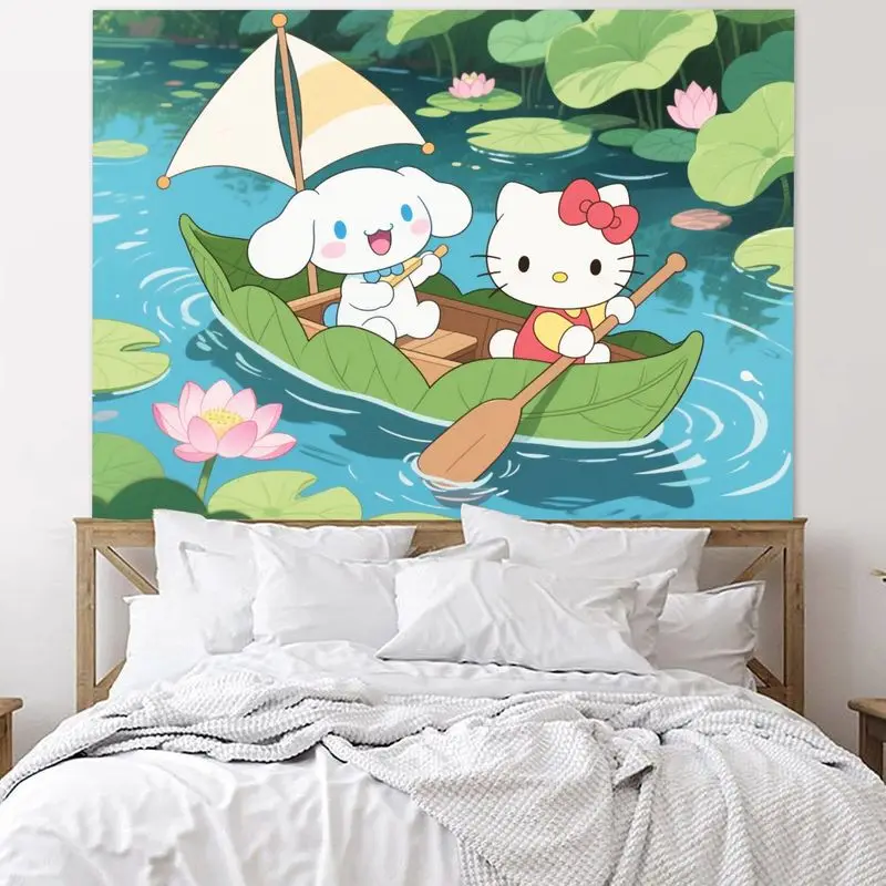 1PC Sanrio Hello Kitty Cinnamoroll Kawaii Bootfahren Wandteppich, ästhetische Polyester Wandkunst für Schlafzimmer Wohnzimmer Dekor, süßes Mädchen