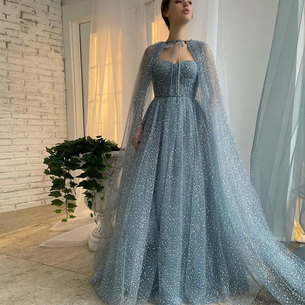 Sevintage Sparkly Tulle Prom Jurken Met Lange Cape Sweetheart A-lijn Formele Party Dress 2022 Avondjurken