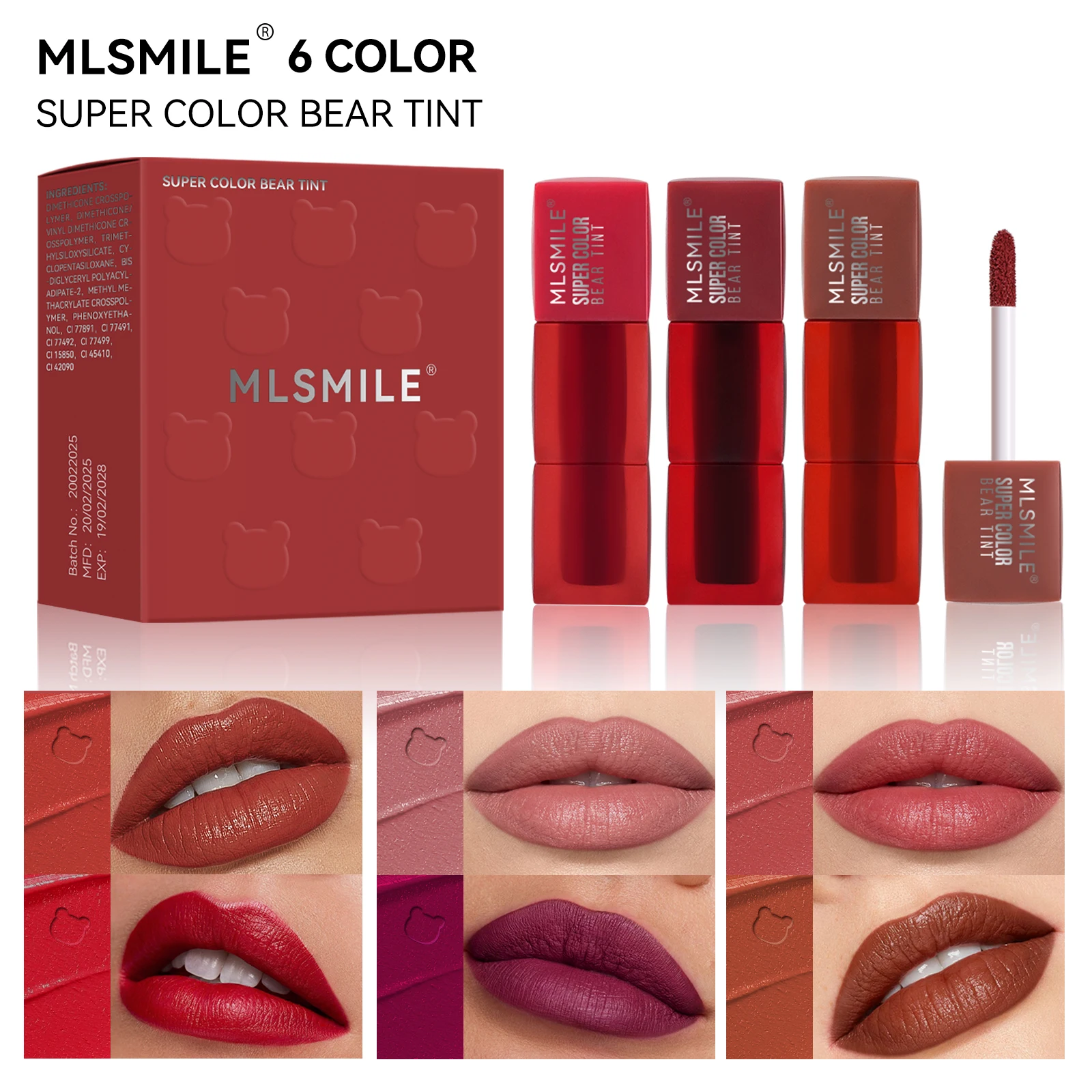 MLSMILE 3 Matte Velvet Teddy Lip Gloss de longa duração, não pegajoso, cor de longa duração Brilho labial leve e não pegajoso