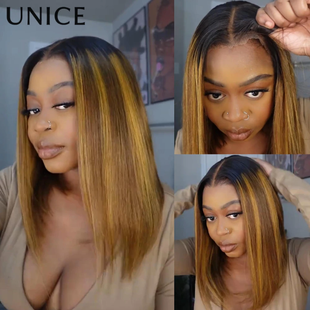 UNice 7x5 Bye-Bye Slip™ Lace Glueless Brown With Blonde Piano Highlights Straight Bob Wig Ready-to-go Glueless Human Hair Wigs view 3
