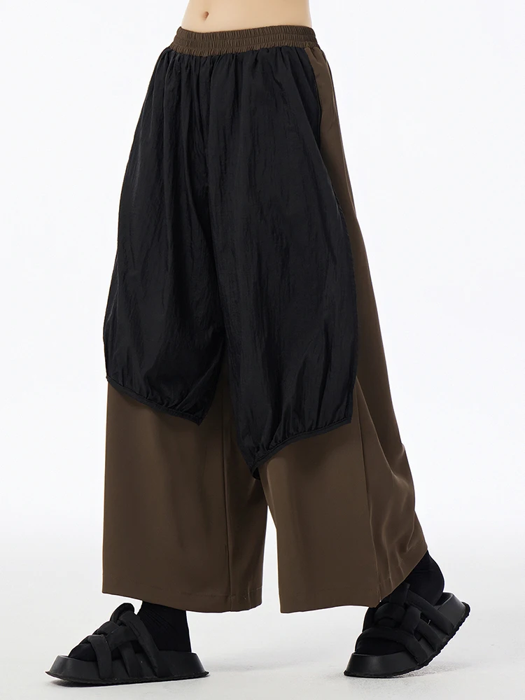 EAM High Elastic Waist Coffee Color-block Long Wide Leg Pants New Trousers Women Fashion Tide Spring Autumn 2025 1DH6606