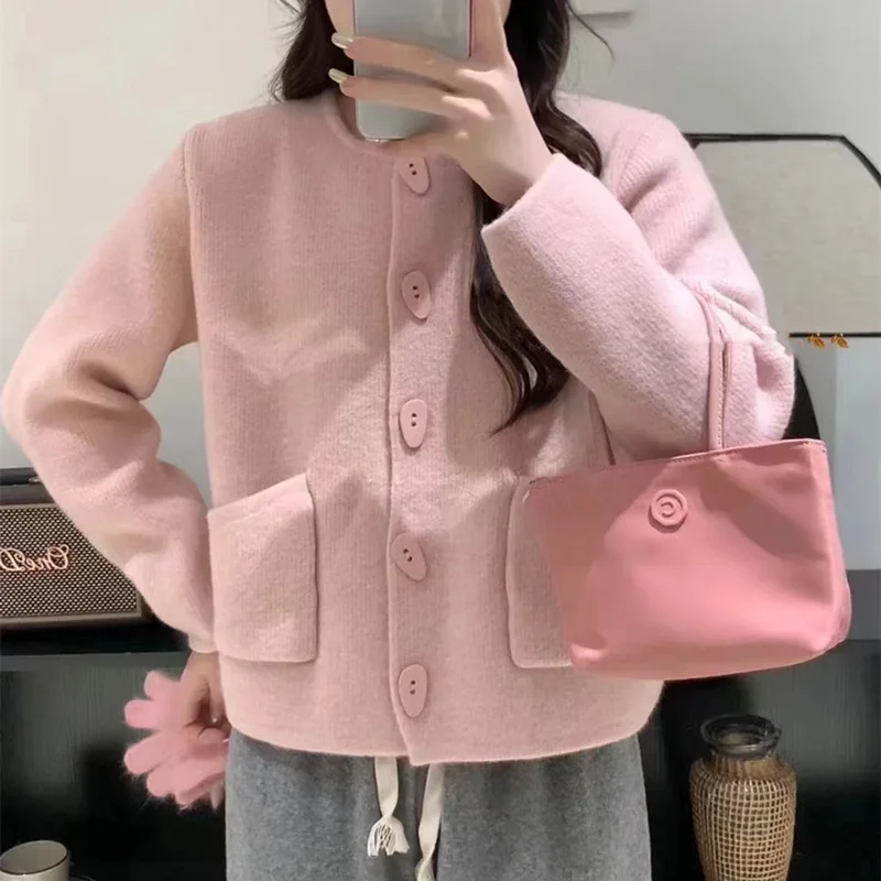 2024 Women Autumn O-Neck Cardigans Single Button Design Cardigans Coat Knitted Beige Sweater Women Cape Clothes Tops