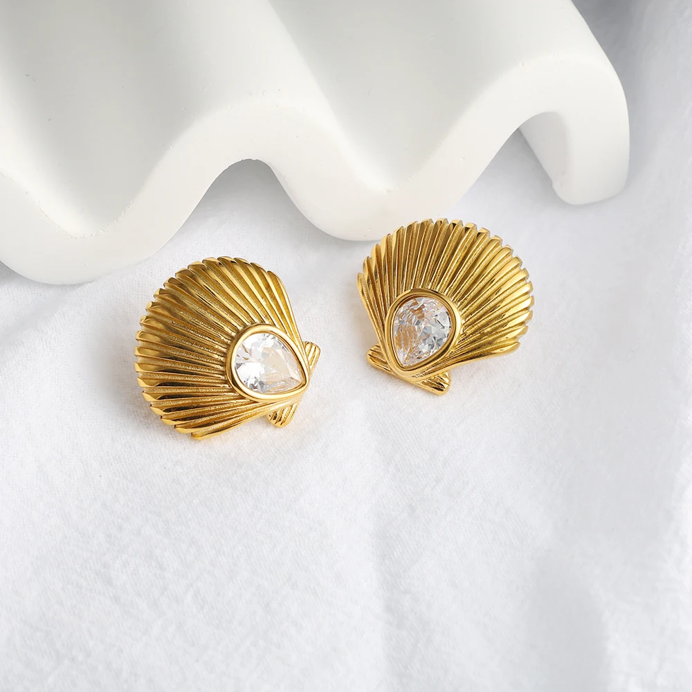 

Summer Sandy Cubic Zircon Gold Color Shell Stud Earrings Women Stainless Steel Ring Beach Holiday Waterproof Jewelry Accessories