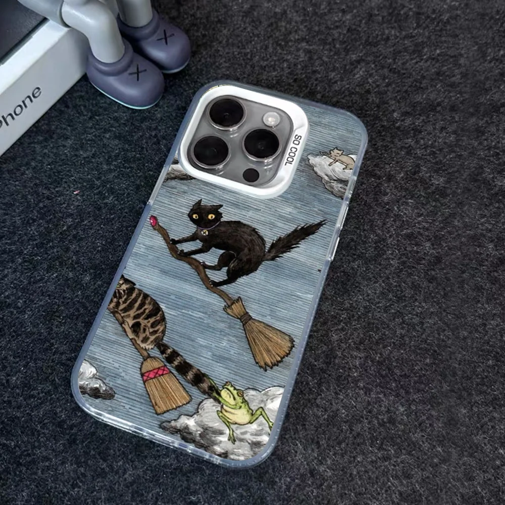 Cartoon Dark Funny Cat Creative Phone Case IMD Color Silver Shell For IPhone 16 15 14 13 12 Pro Max Plus