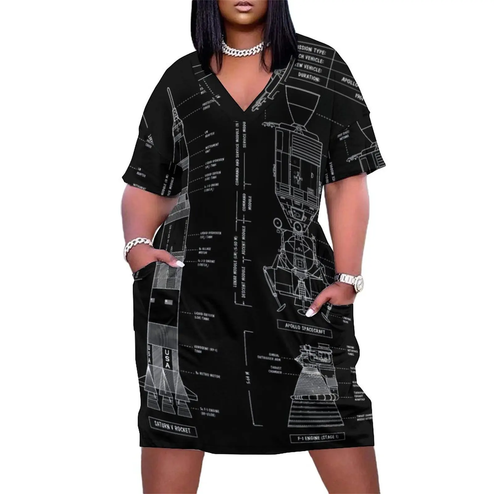

Saturn V / Apollo Crewed Lunar Expedition (White Stencil - No Background. Vertical) Loose Pocket Dress womans clothing