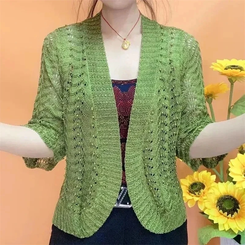 2023 Spring Summer New Ice Silk Knit Cardigan Women Coats Middle-Aged Mothers Solid Color Shawl Hollow Sunscreen Coat Female Top