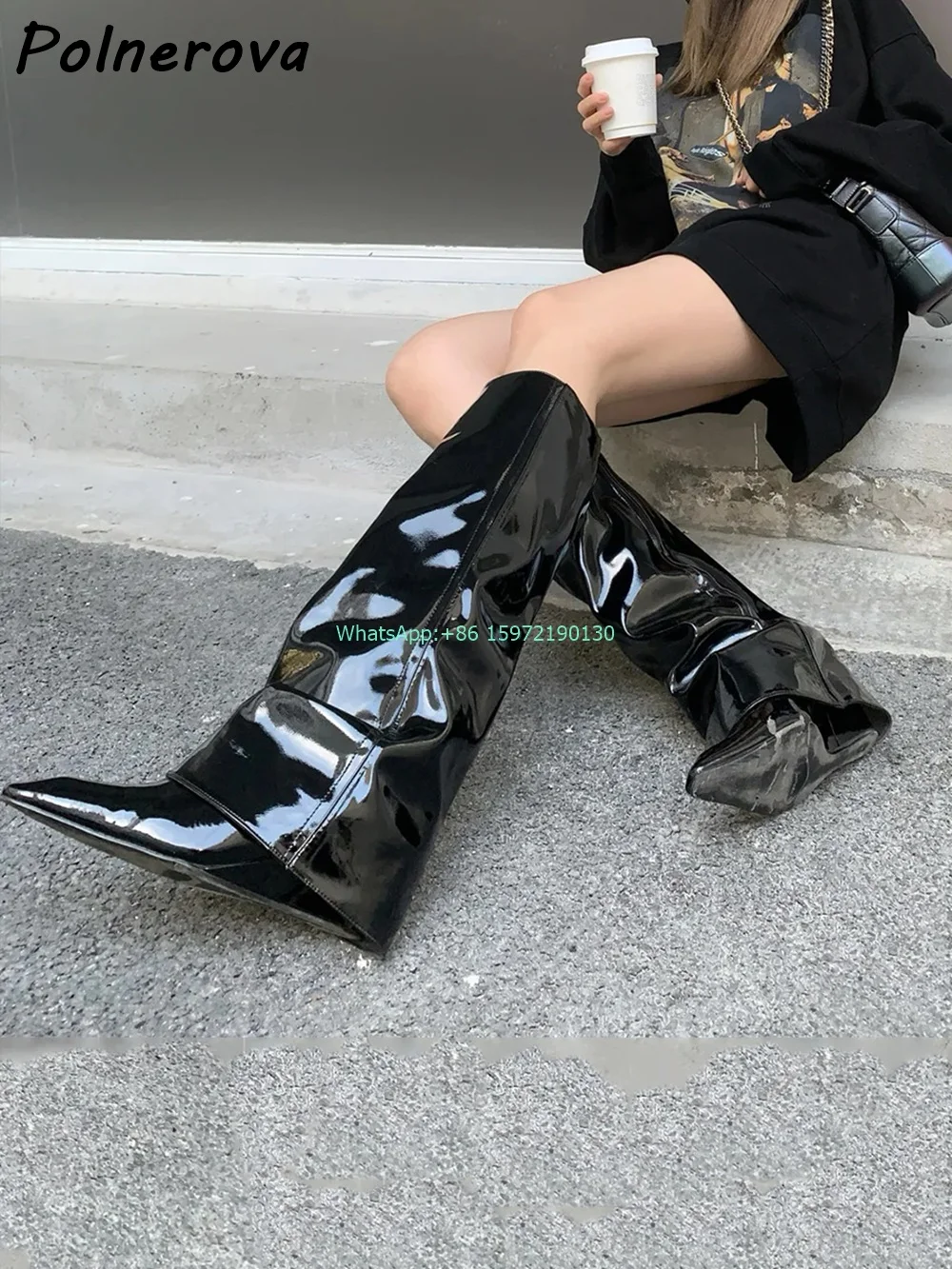 Patent Leather Black Knee High Boots Square Toe Zipper 7 Cm Wedges Pleated Hotties Shoes Solid Runway Street Photo Winter Shoes