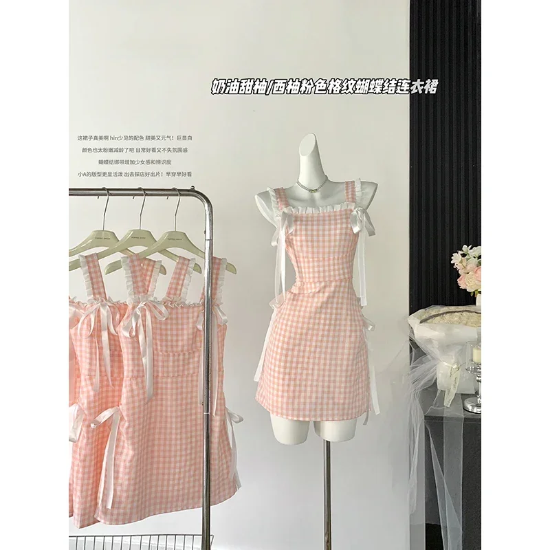 Summer Women Pink Plaid A-line Mini Dress Y2k Vintage Elegant Bow Dresses Off Shoulder Sleeveless One Piece Frocks 2000s Clothes