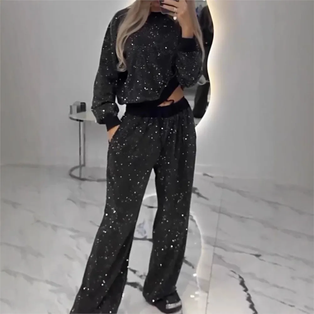 spring autumn New Full Star Long Sleeve T Shirt Women\'s Suit Casual Loose Sports Draw Rope Wide Leg Two-piece Set Female